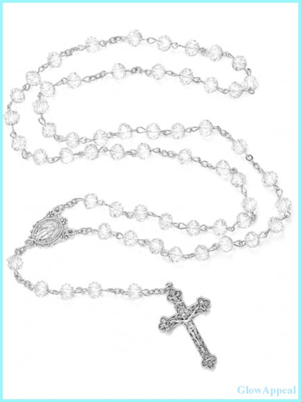 Clear Crystal Rosary Necklace Catholic Prayer Beads with Metal Cross 22.5in